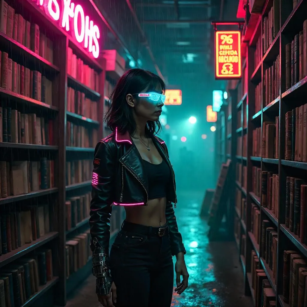 Neon-lit Cyberpunk Latina in a Bookstore