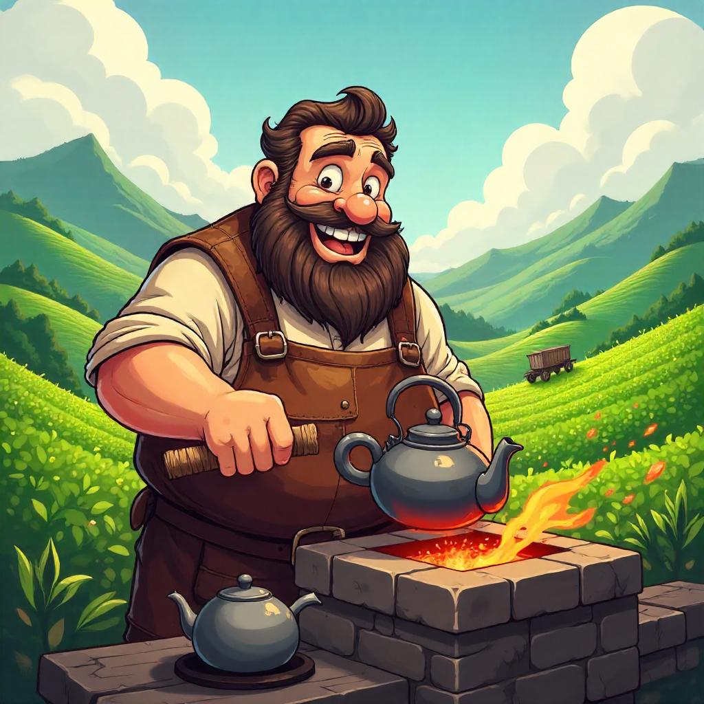 Whimsical Cartoon Blacksmith in a Tea Plantation