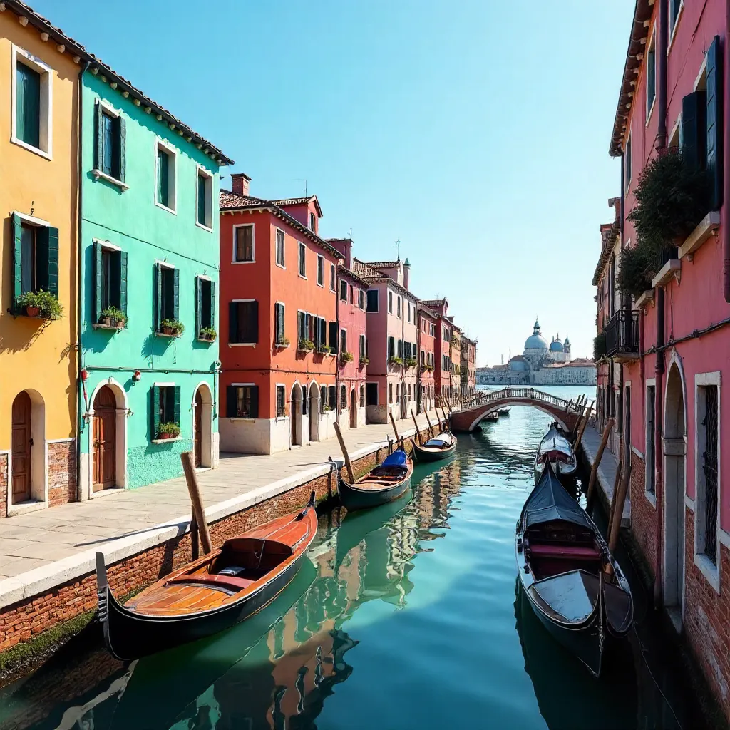 Colorful Venetian Canalfront with Moored Boats