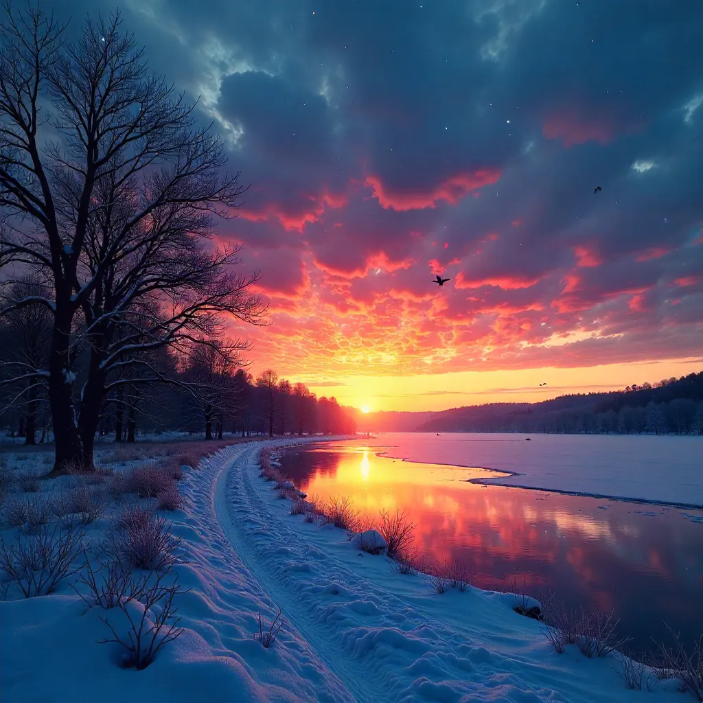 Silhouetted Trees Under a Starry Winter Sunset