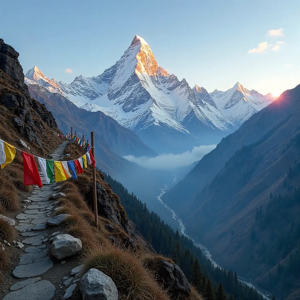 Prayer Flags Over Himalayan Peaks in Nepal