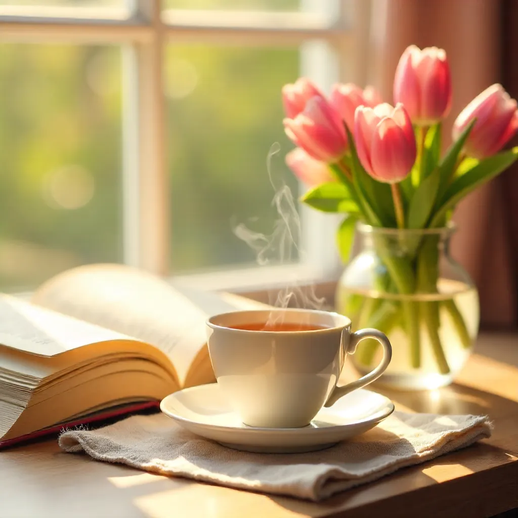 Sunlit Tea, Tulips, and Open Book: Serene Morning