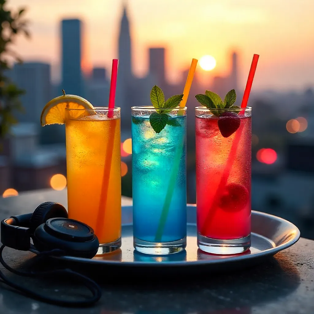 Three Vibrant Summer Drinks by an Urban Skyline Rooftop