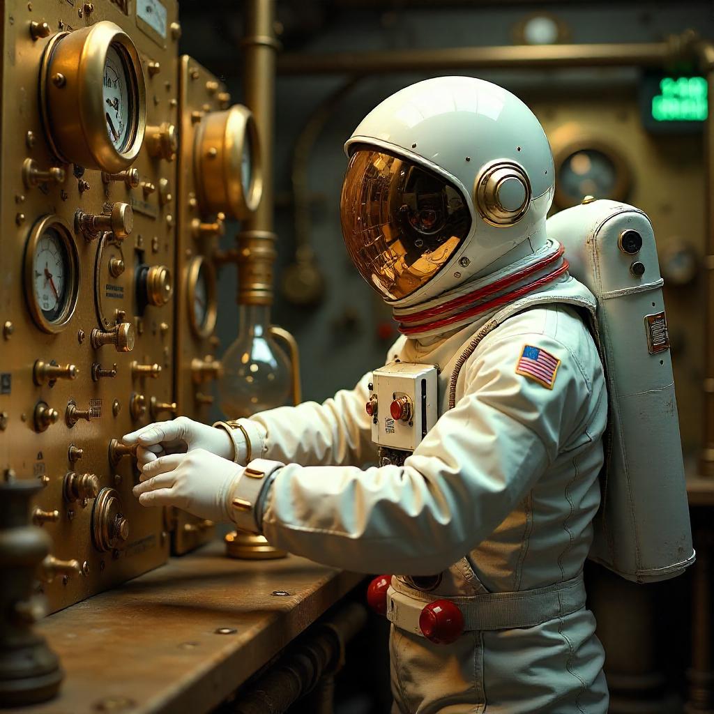 Photoreal Astronaut in a Brass Laboratory