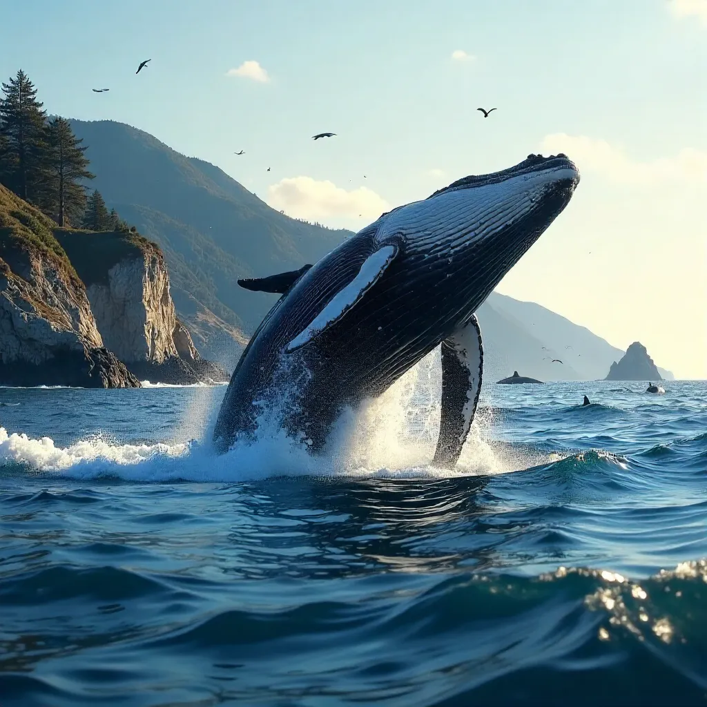 Breaching Humpback Whale off California Coast, Aerial View