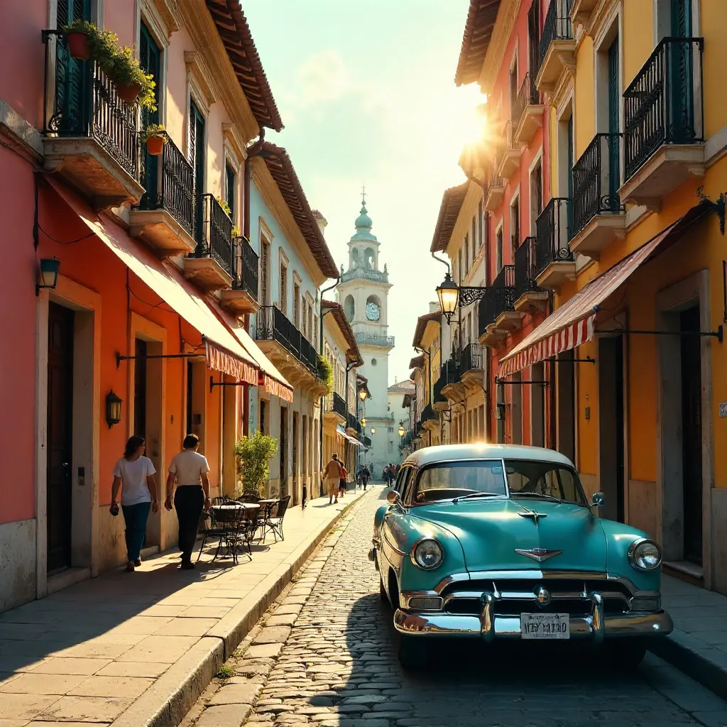Golden Hour on a European Street with a Vintage Car