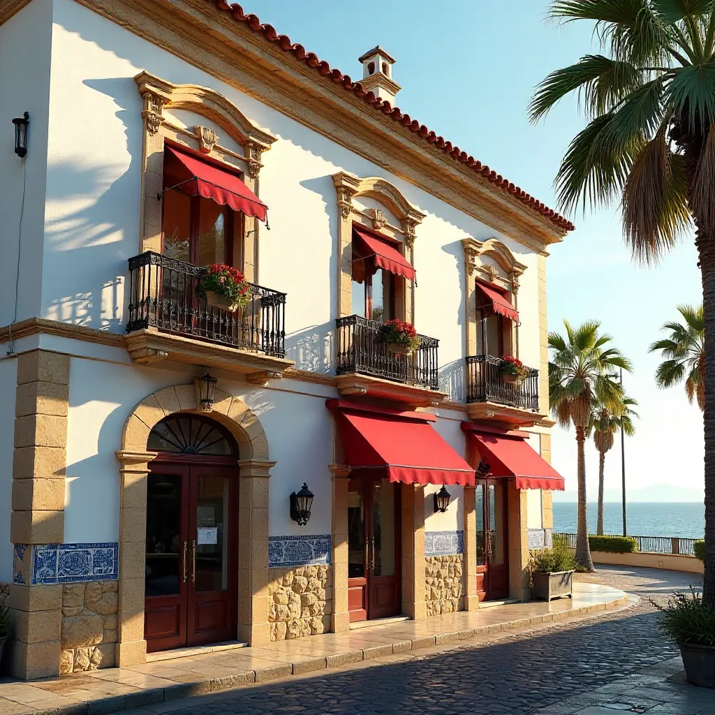 Elegant Málaga Facade with Red Awnings