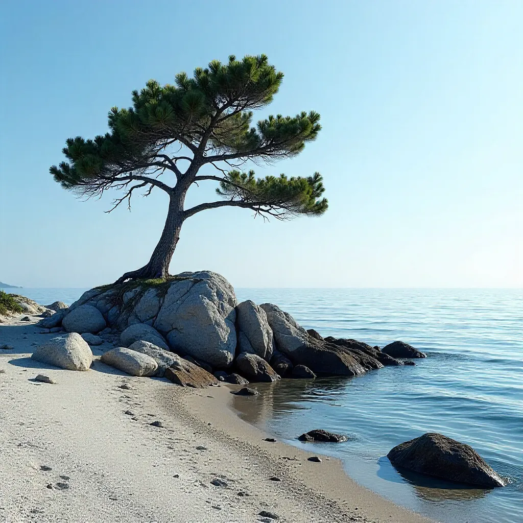 Lone Pine on a Rugged Seashore under a Clear Sky