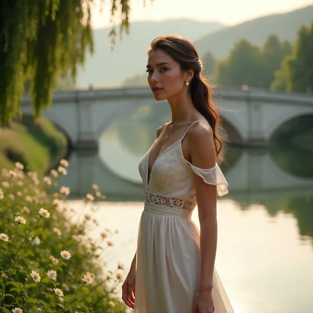 Elegant Woman by Riverside and White Bridge