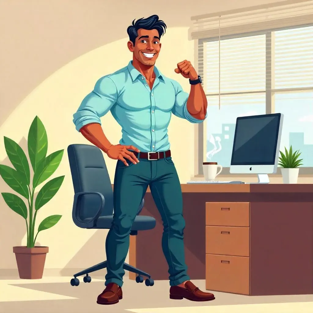 Cartoon Office: Athletic Latino Man at Work