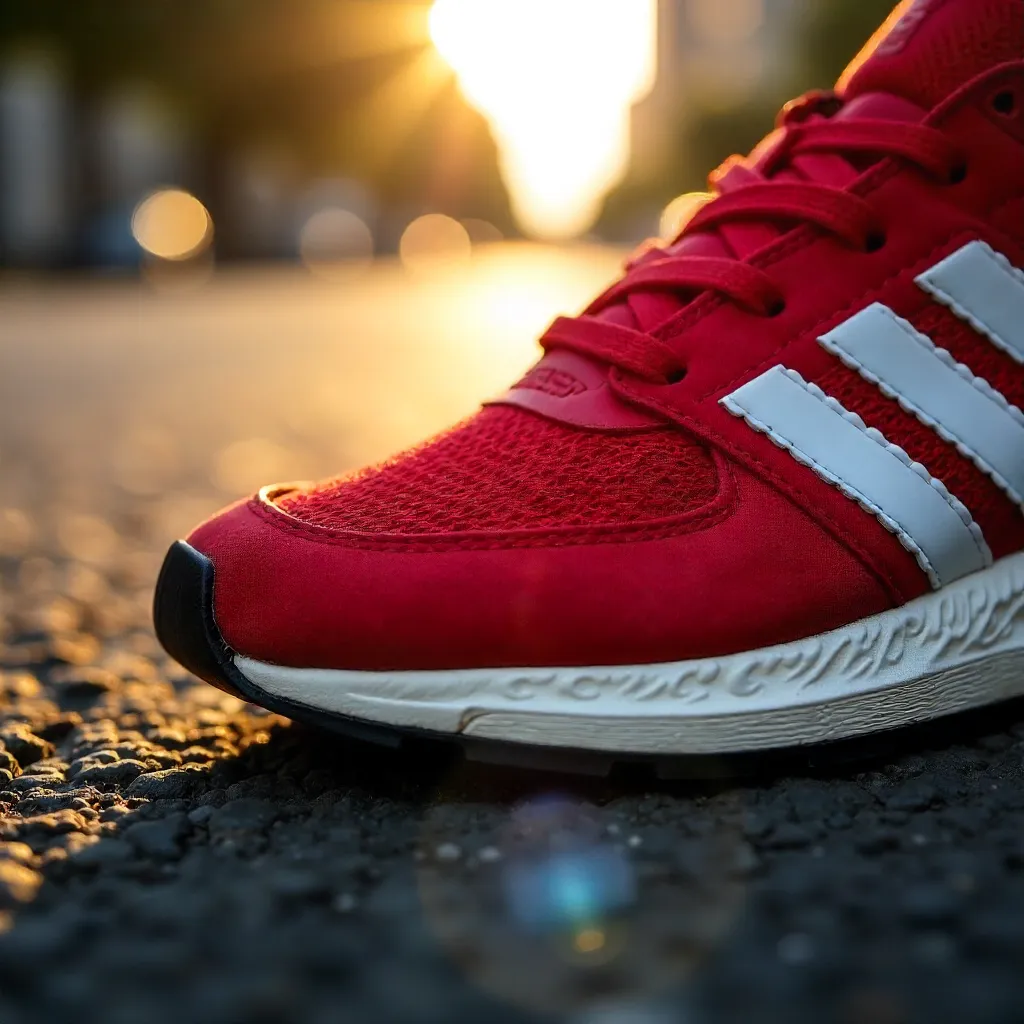 Sunlit Red Sneaker Close-Up on Pavement