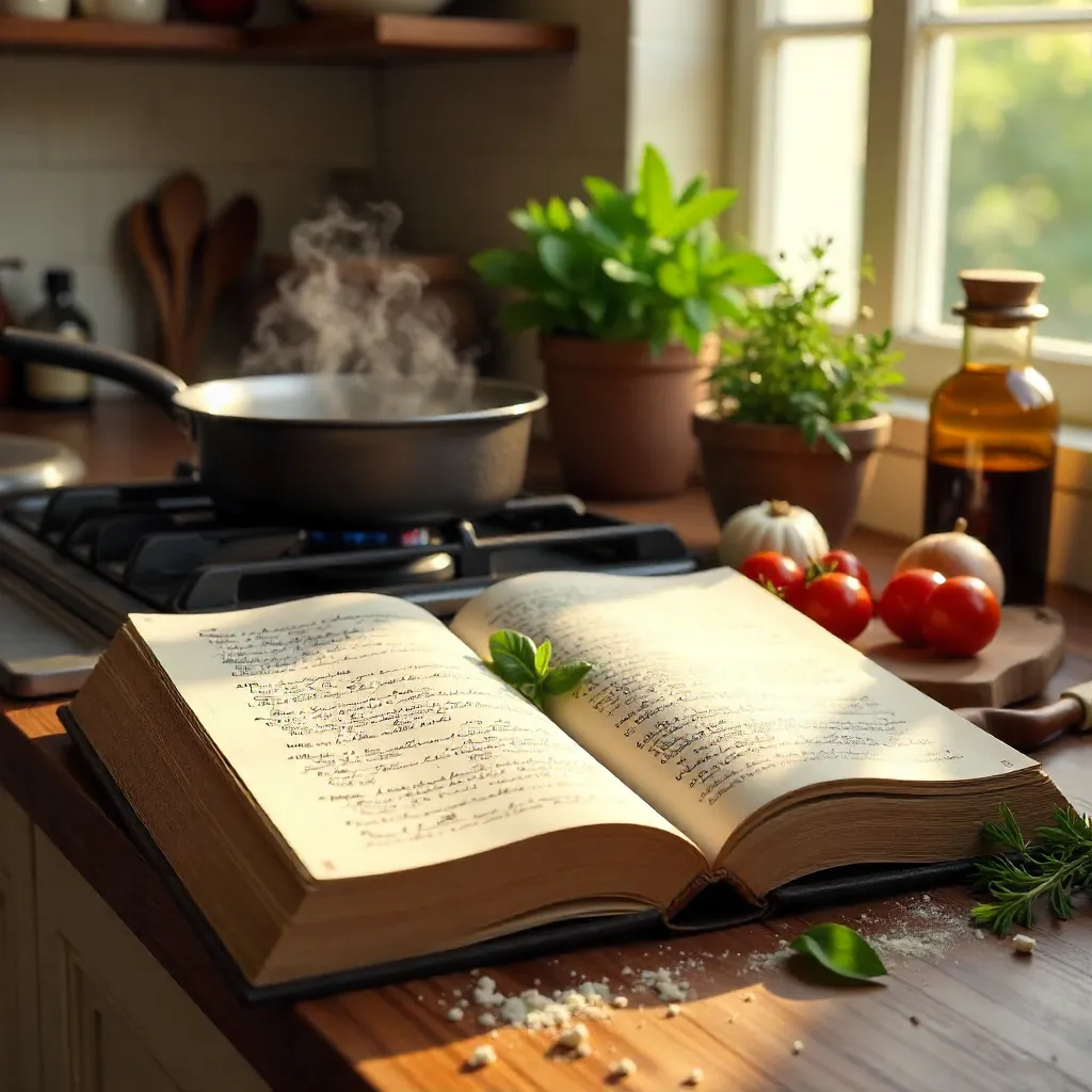 Open Cookbook in a Cozy Kitchen With Pots and Ingredients