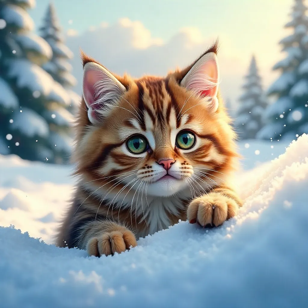 Emerald-Eyed Cat Peeking Through Snow
