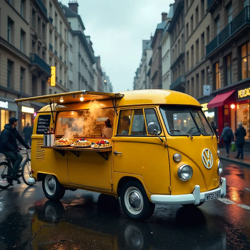 Vibrant Yellow Waffle Van in Cloudy City Street