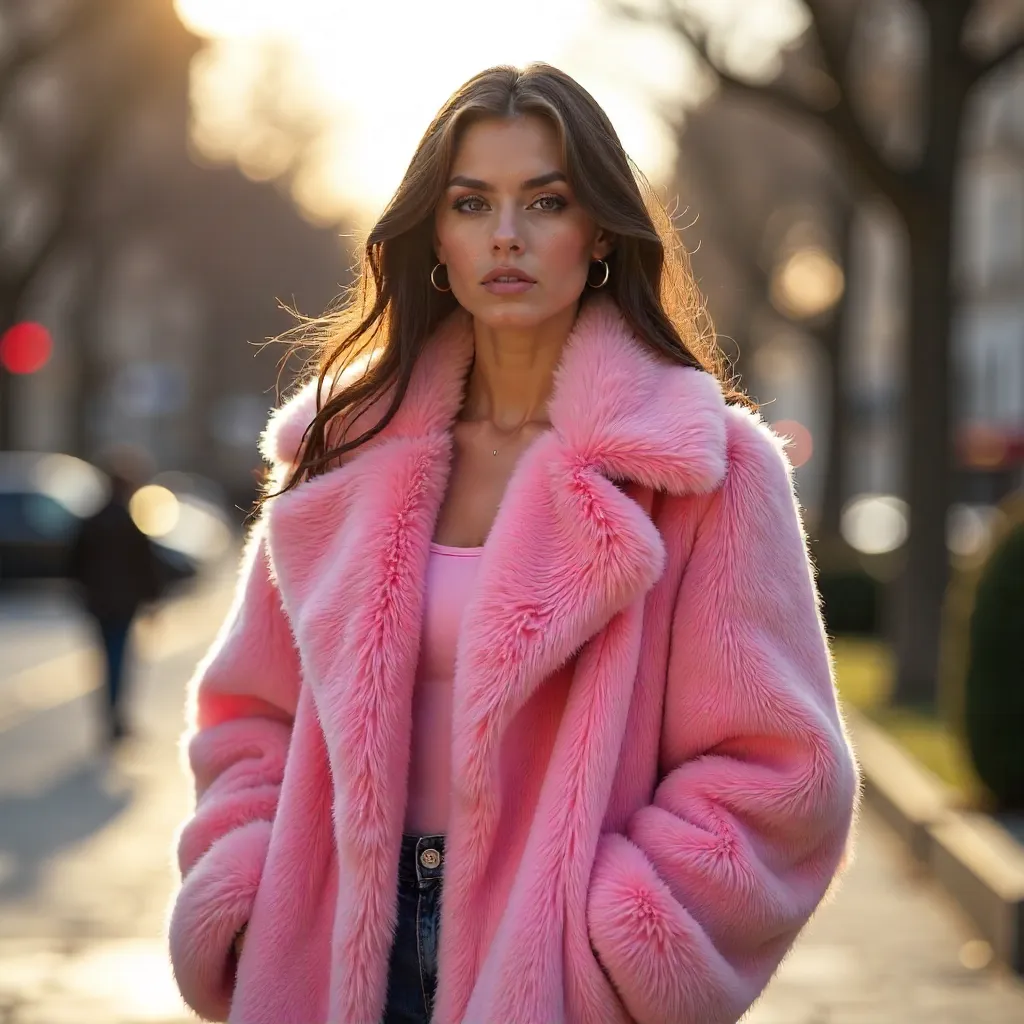 Confident in a Fluffy Pink Coat Outdoors