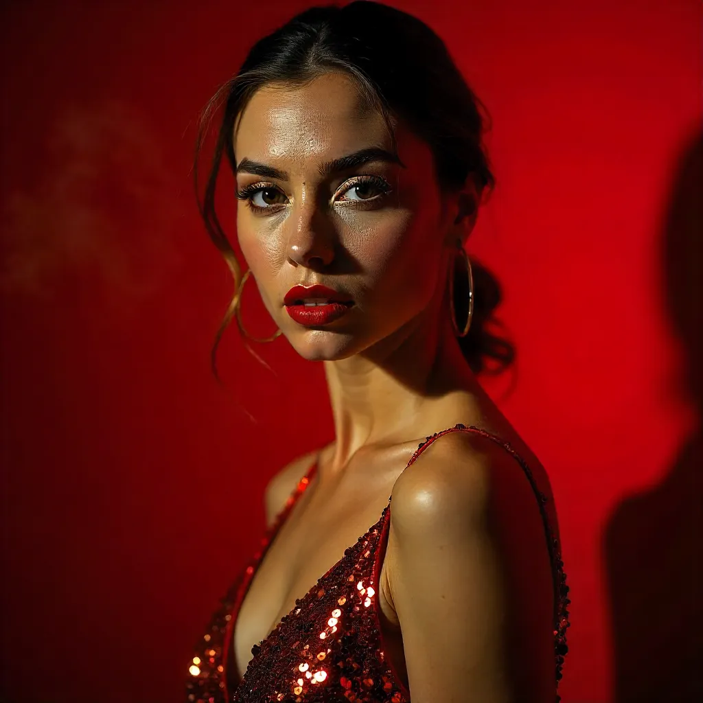 Dramatic Red Backdrop Portrait in Sequined Glamour