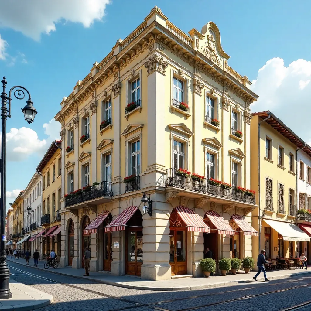 Sunlit European Facade on a Busy Street Corner