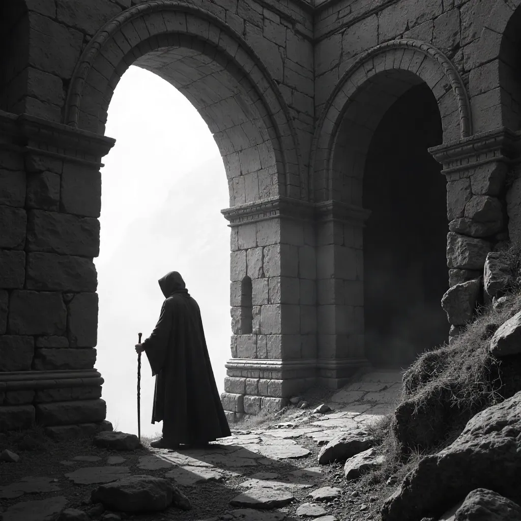 Silhouette in a Ruined Fortress: A Black-and-White Moment