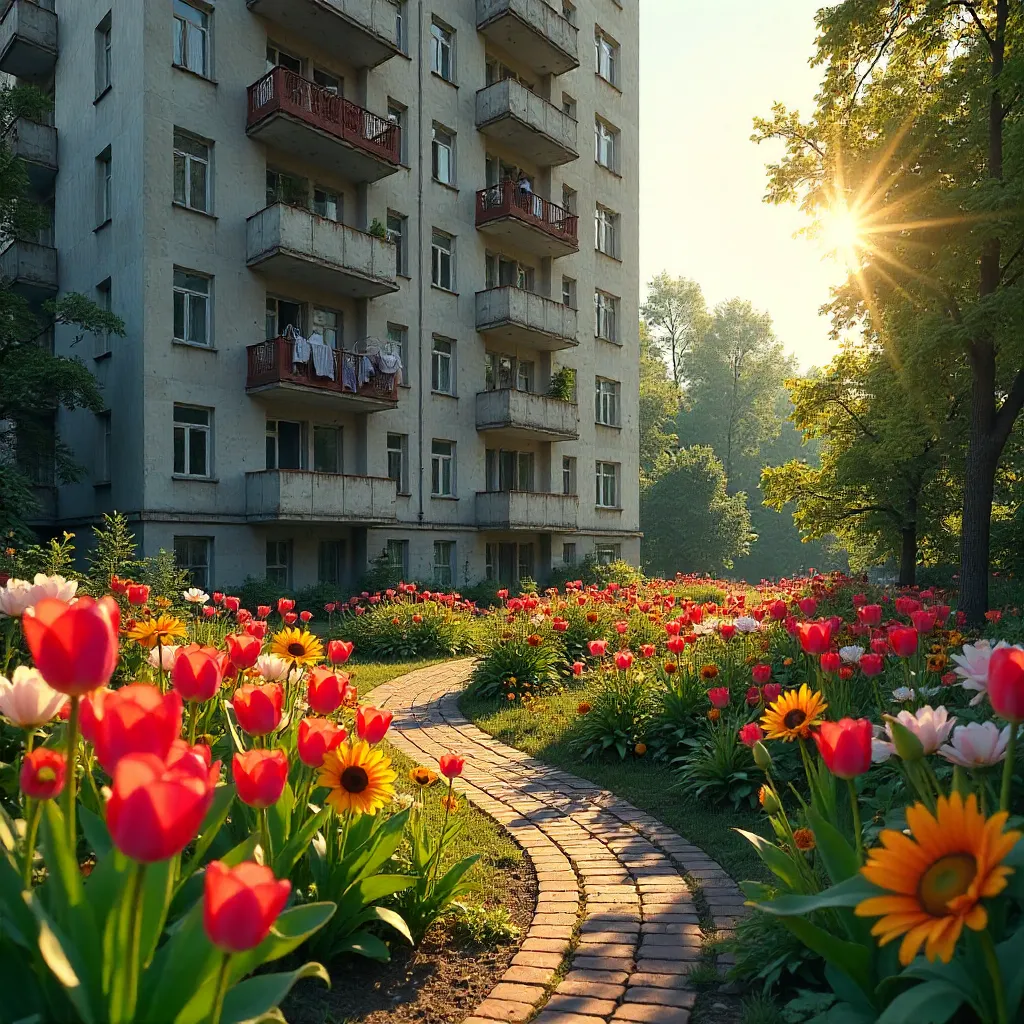 Vibrant Garden in Front of a Soviet Block, Kaluga Oblast