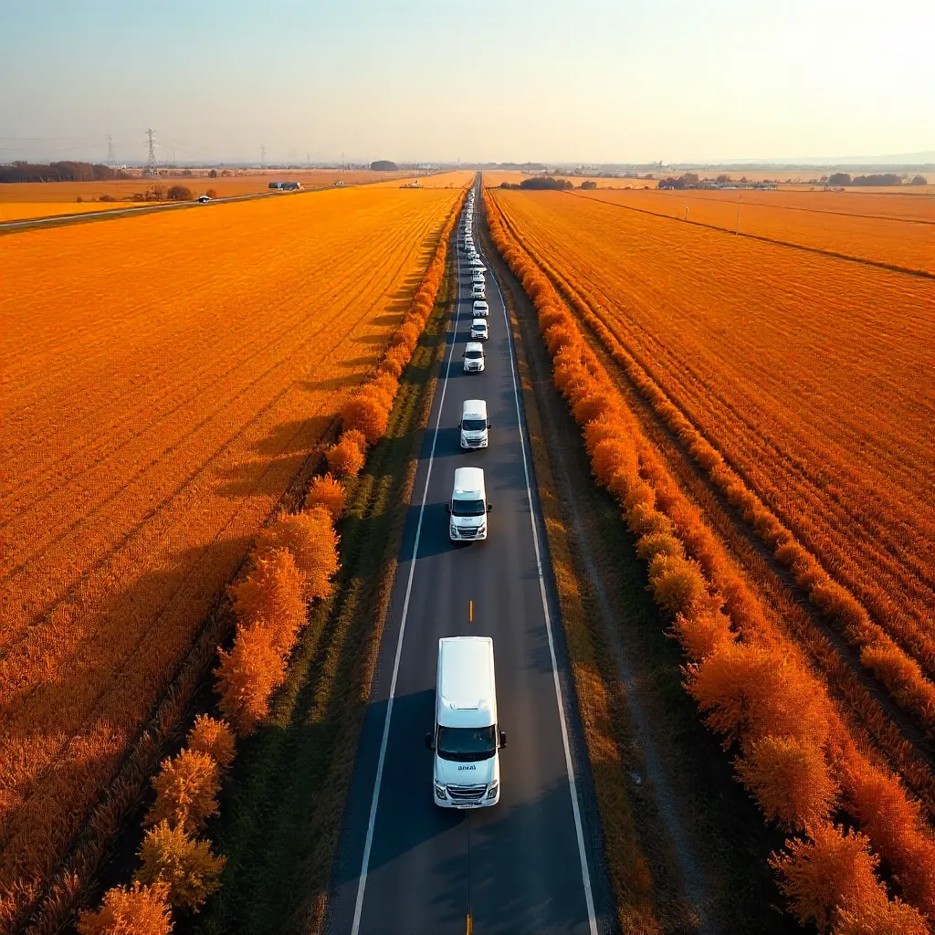 Aerial Curve: White Cars on Orange Autumn Fields