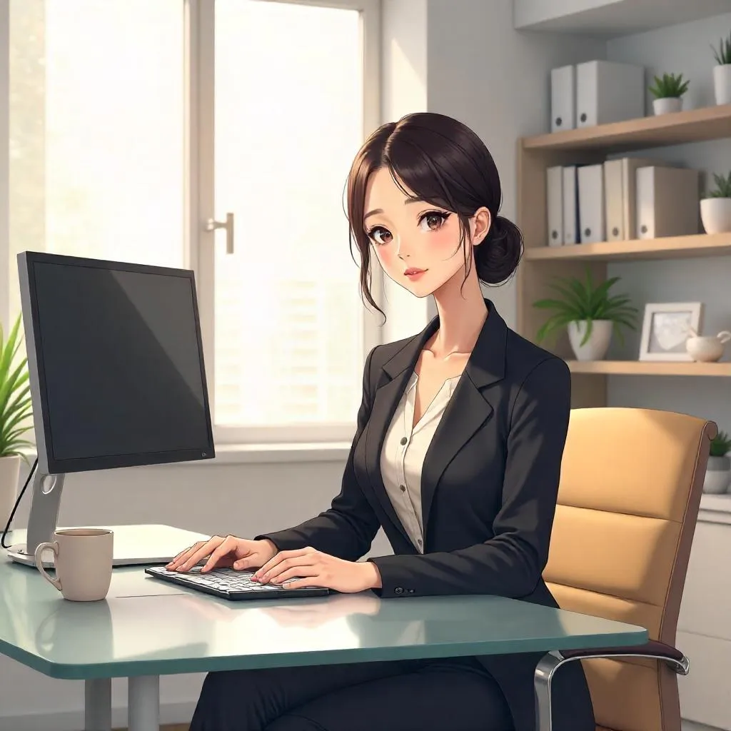 Elegant Asian Woman in an Anime Office Workspace
