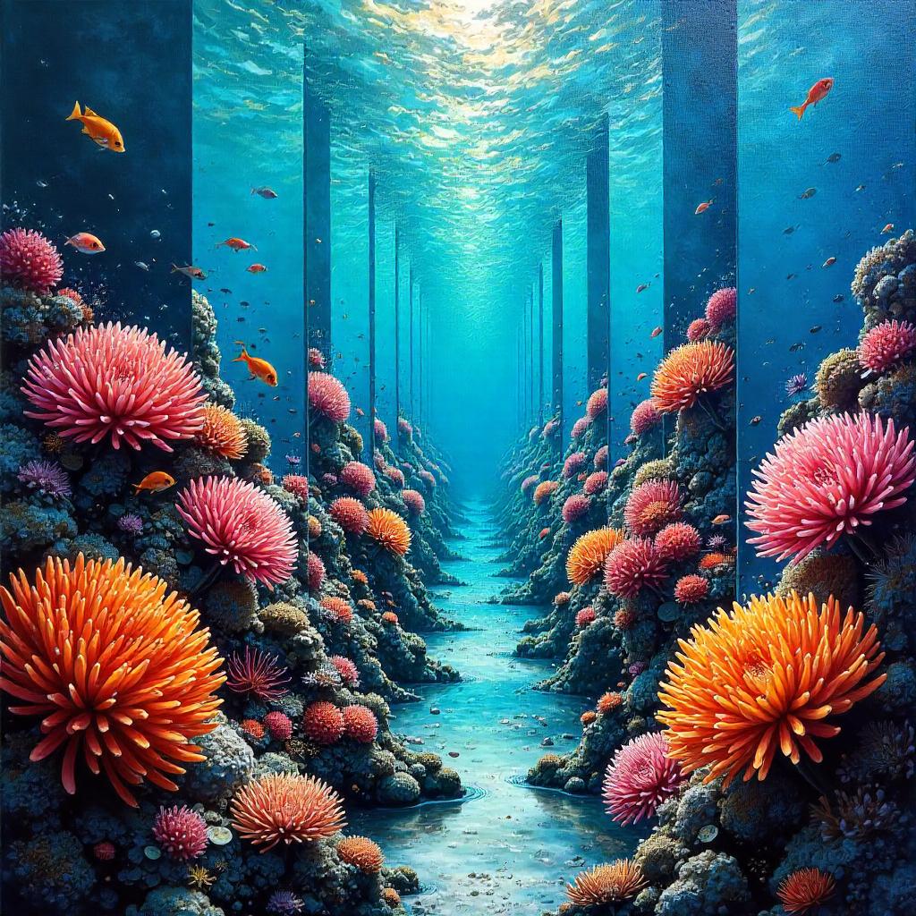 Mirror-Dimension Coral Reef in Oil: Surreal Reflections