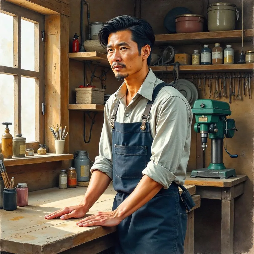 Confident Asian Artisan in a Watercolor Workshop