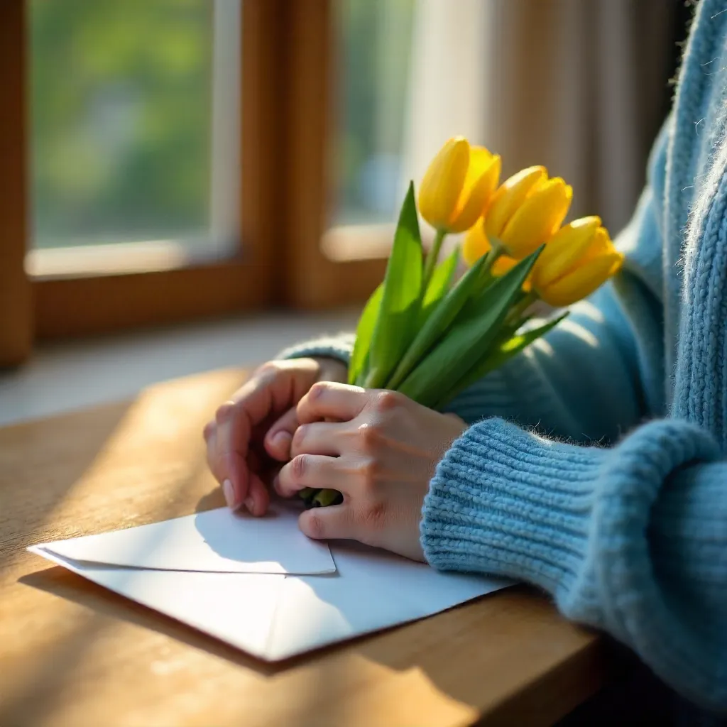 Cozy Blue Sweater with Tulips and Envelope