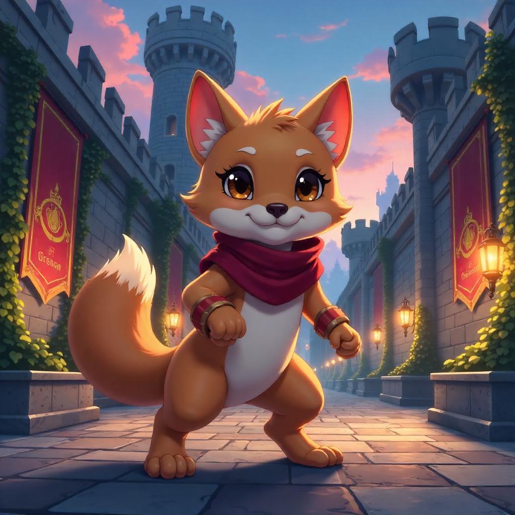 Anime Mongoose in a Castle Courtyard