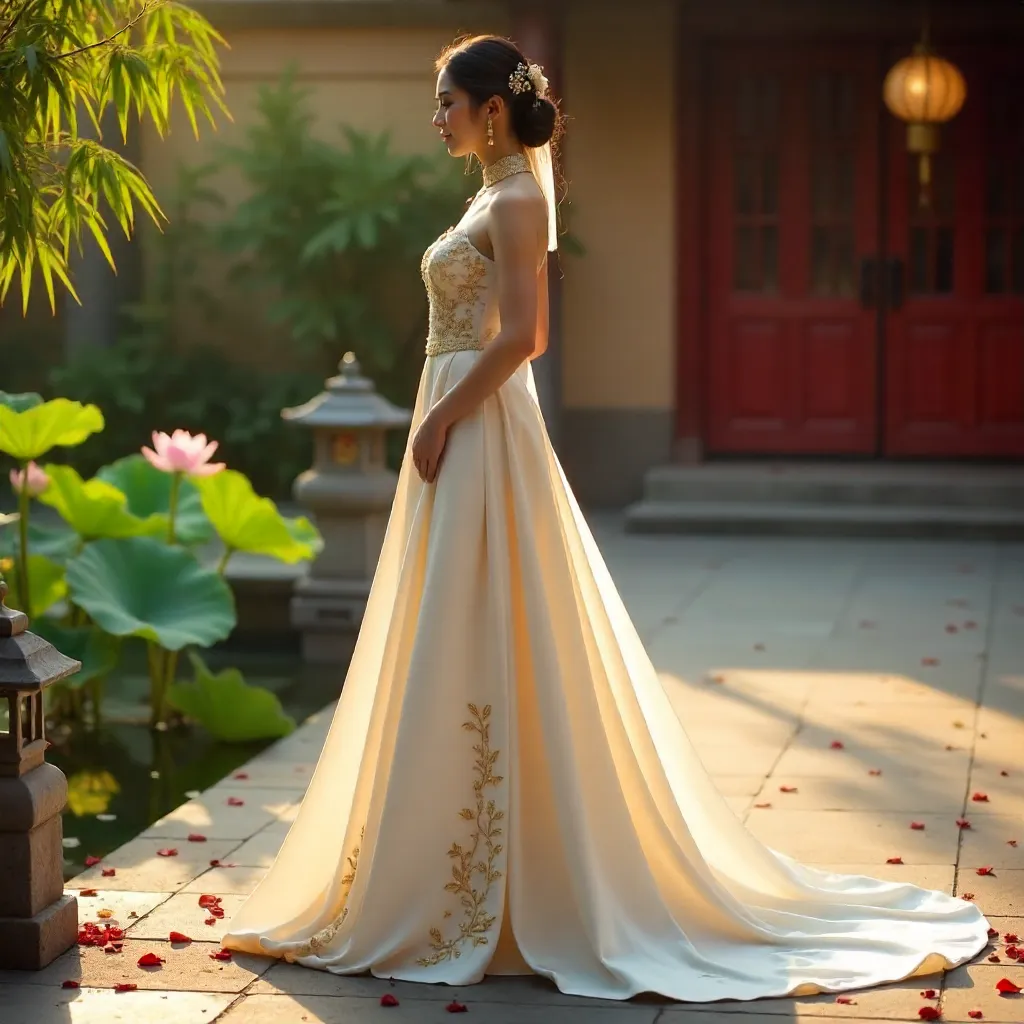 Romantic Vietnamese Bride in an Elegant Fusion Gown