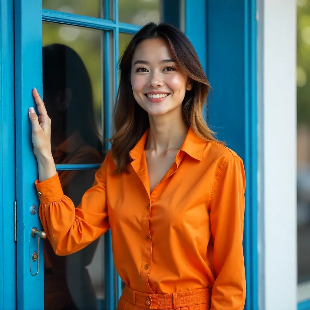Orange Shirt in a Blue Window: Vivid Contrast