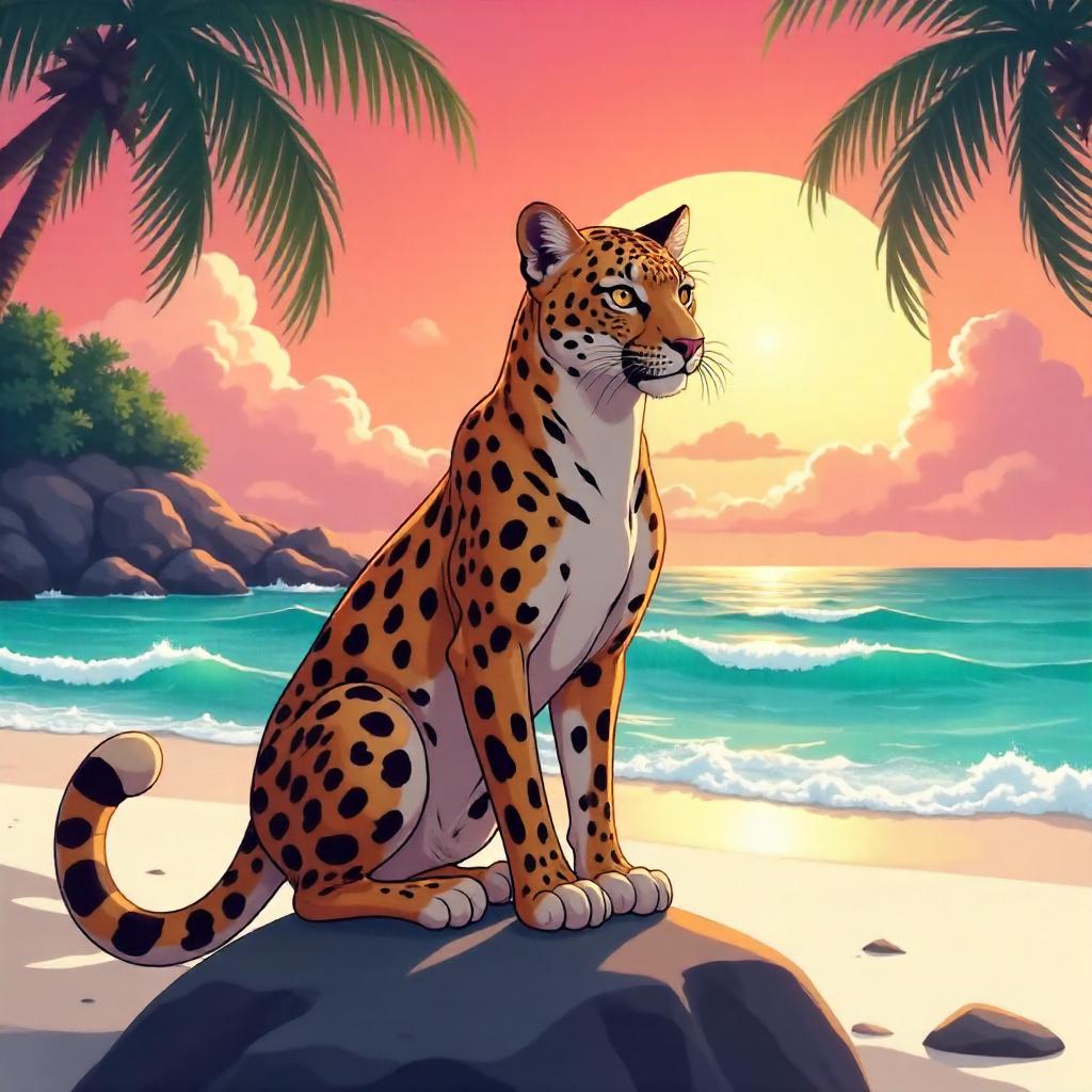 Leopard on Sunset Beach - Anime Style
