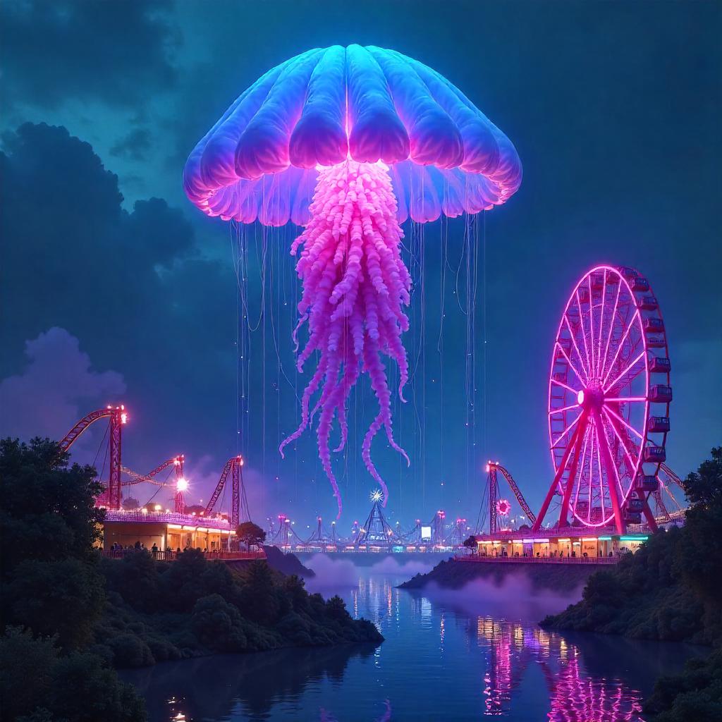 Jellyfish Over Neon Amusement Park - Concept Art
