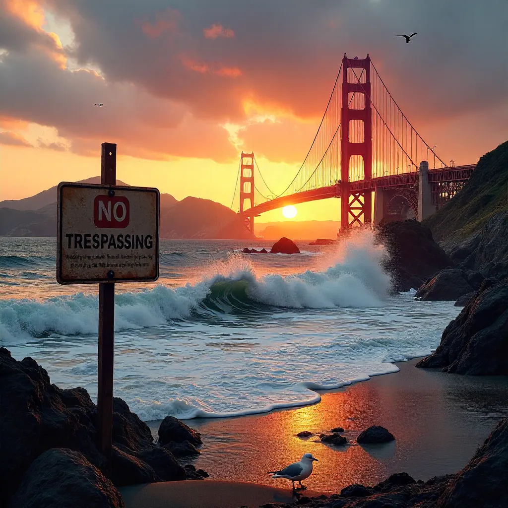 Sunset Waves at the Golden Gate with No Trespassing Sign