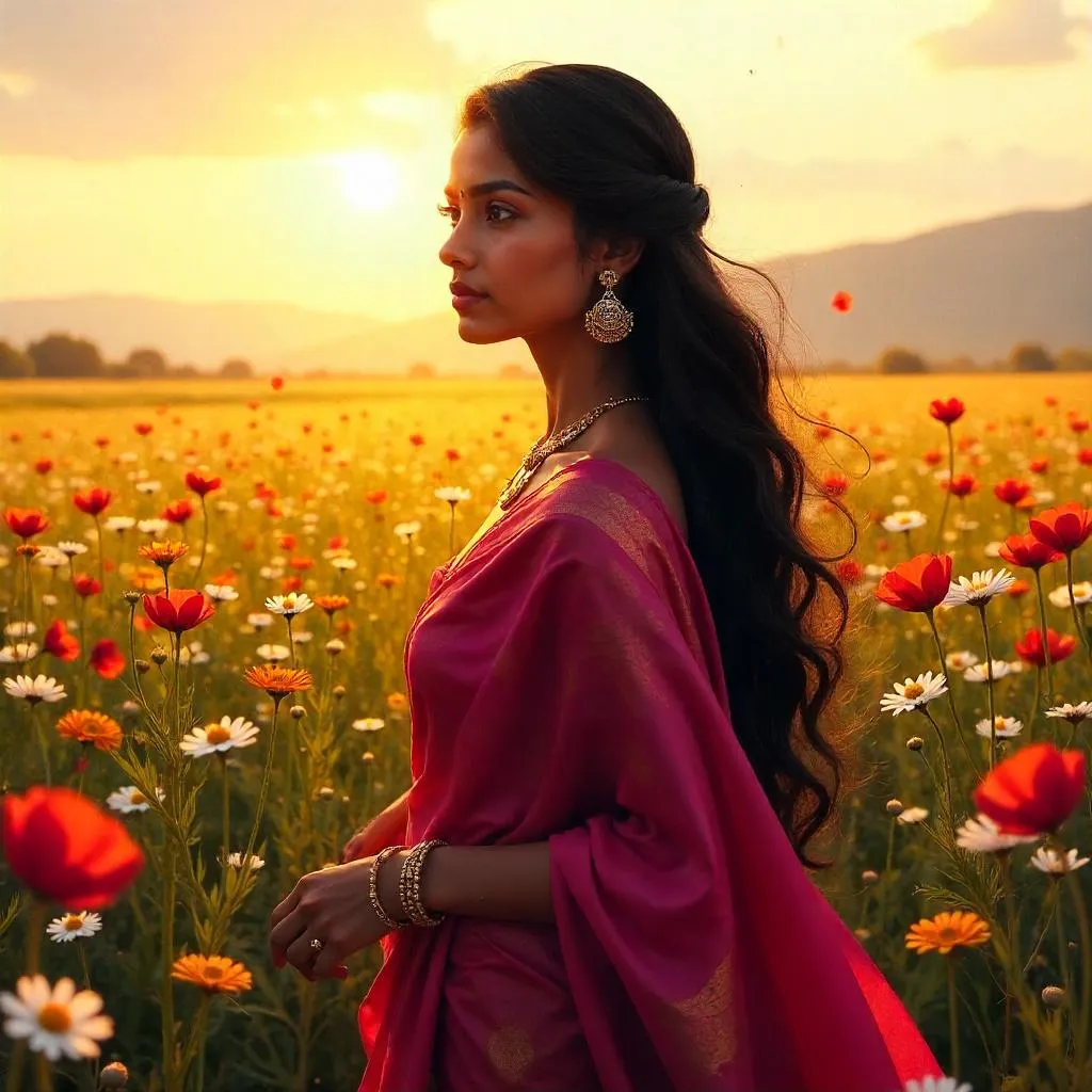 Beautiful Indian Girl in a Field of Flowers - Concept Art