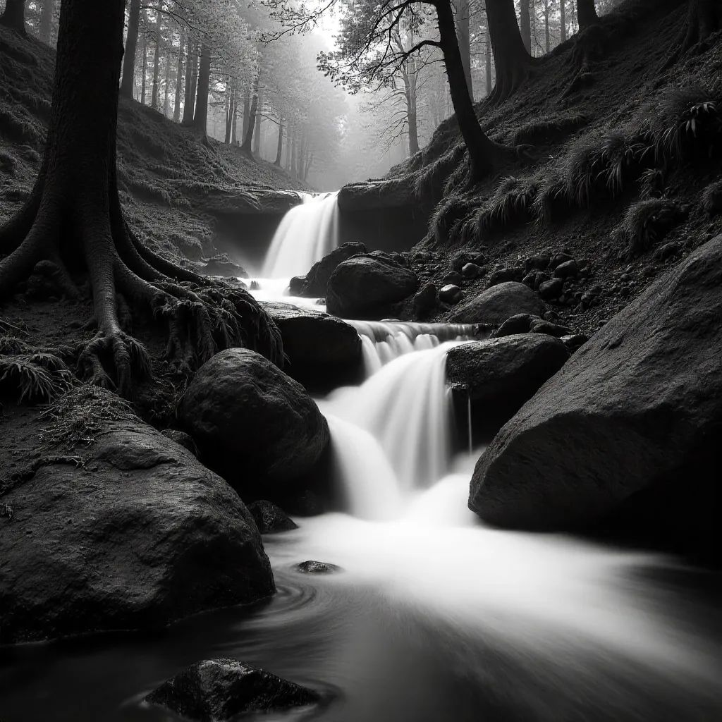 Monochrome Waterfall in Düzce's Lush Forest