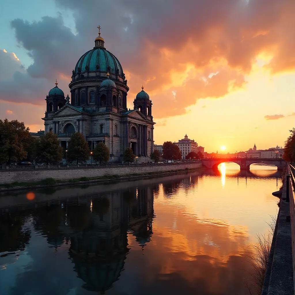 Sunset Reflections on Berlin Cathedral Over Water
