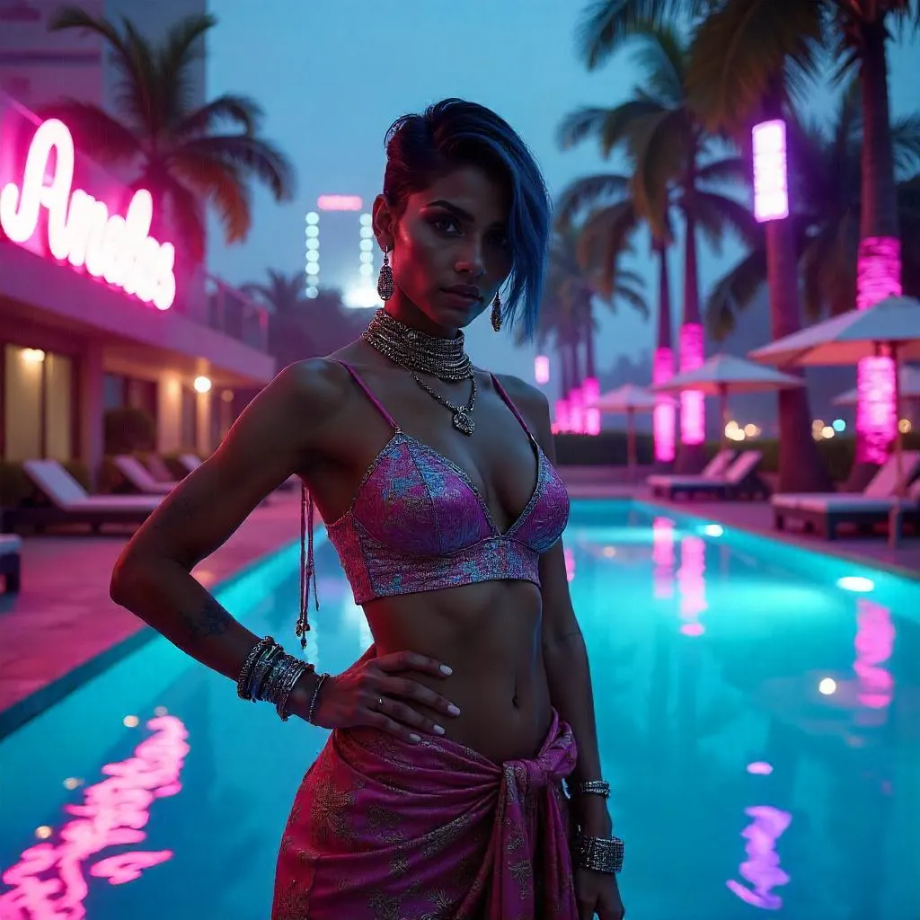Neon Resort Nights: Cyberpunk Indian Woman