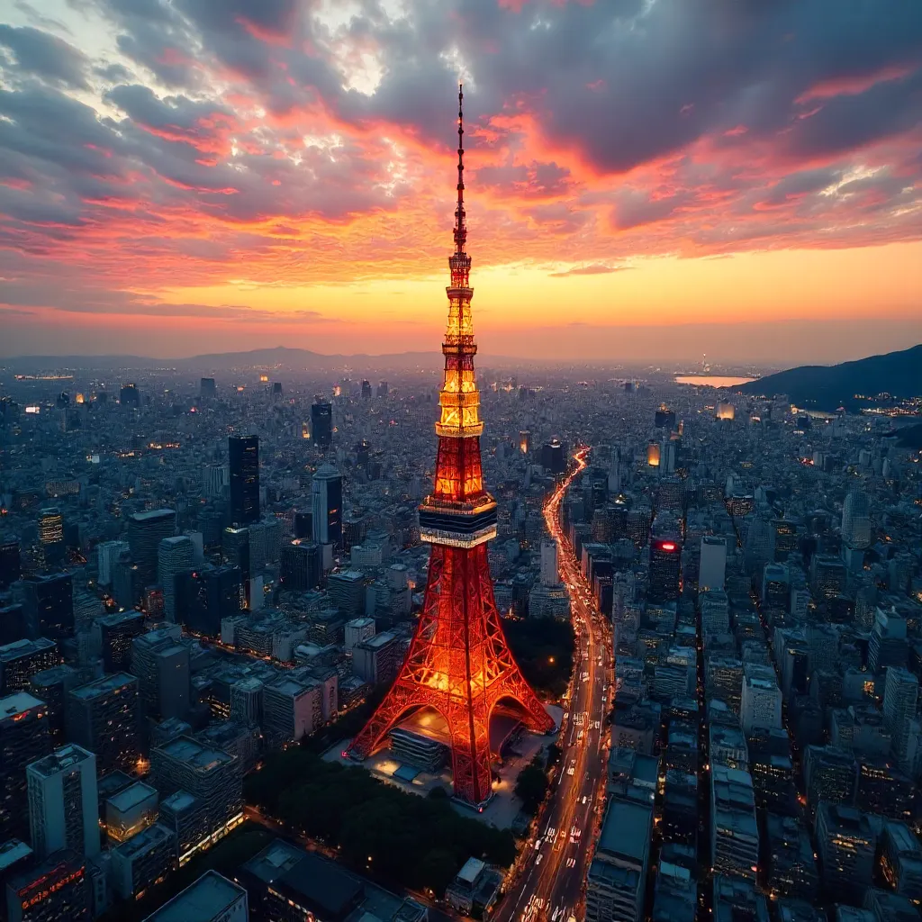 Aerial Sunset Over Tokyo Tower and Cityscape
