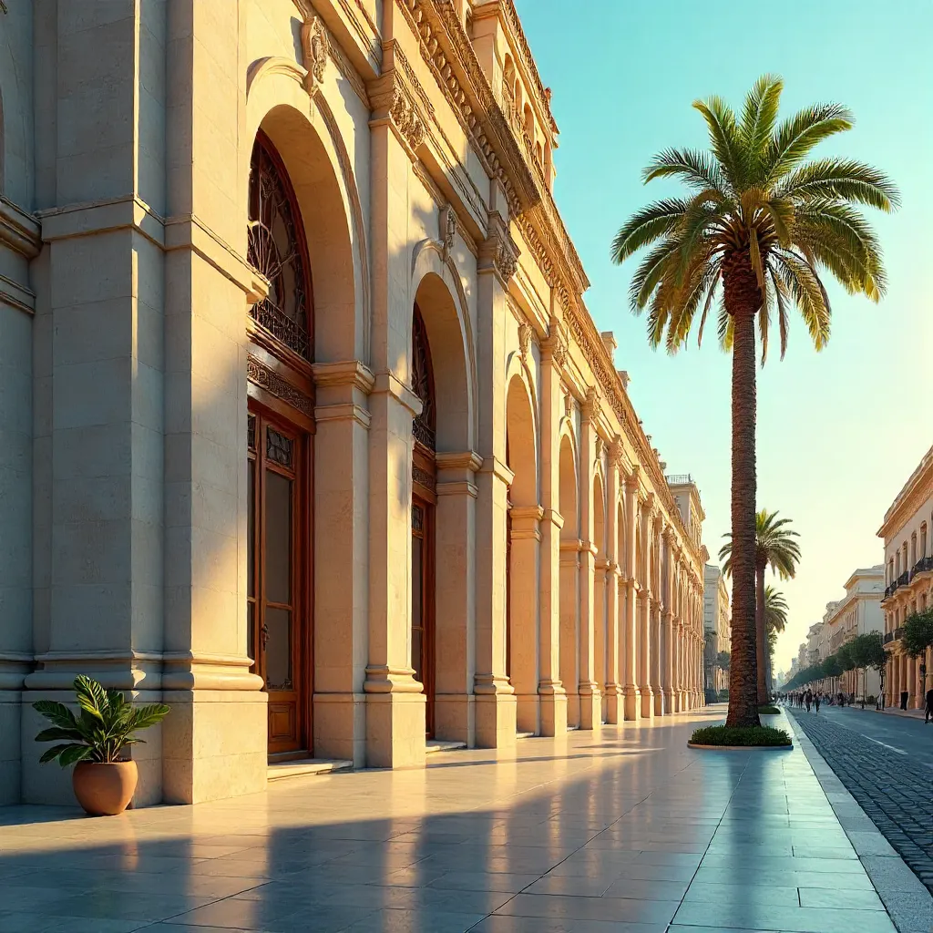 Sunlit Palm-Tree Facade: Travel Architecture