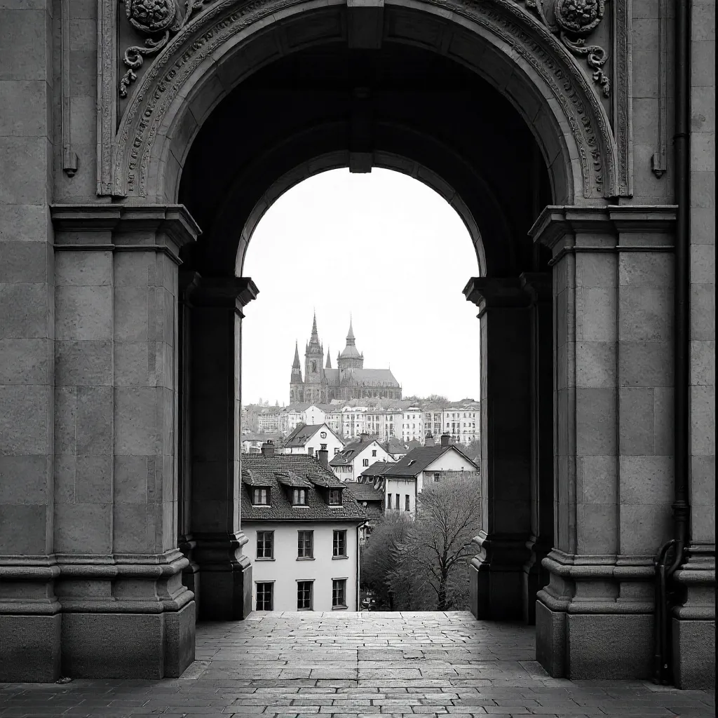 Ornate Archway Framing a Historic Cityscape