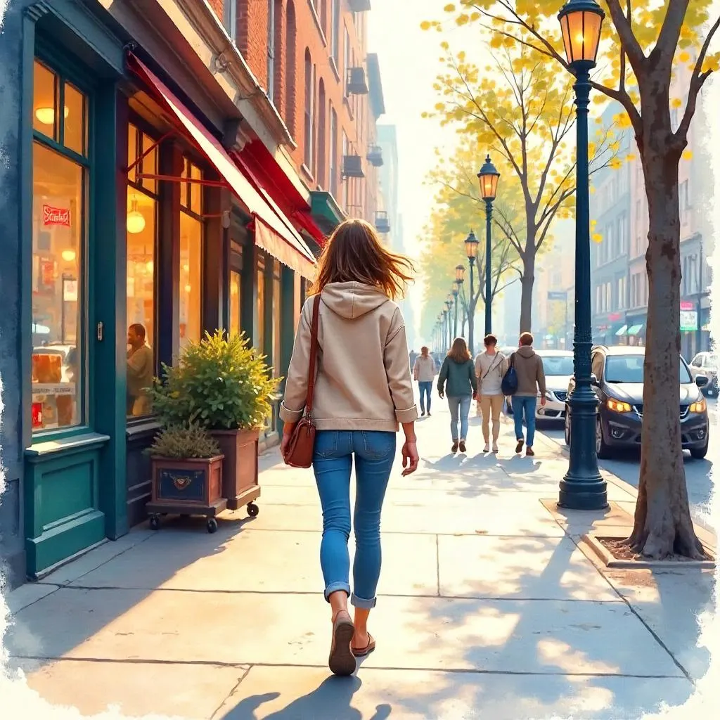 Watercolor City Street with a Young White Woman