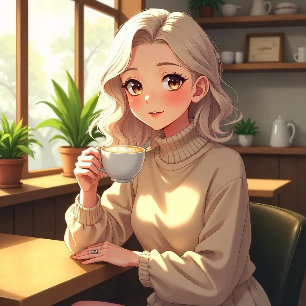 Elegant Anime White Woman in a Cozy Coffee Shop