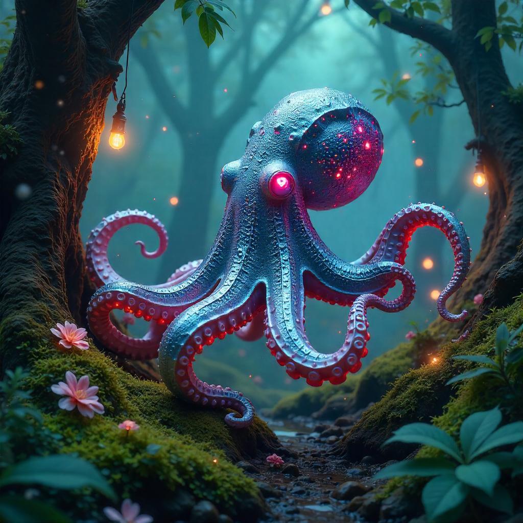 Neon Octopus in a Cyberpunk Mystic Forest