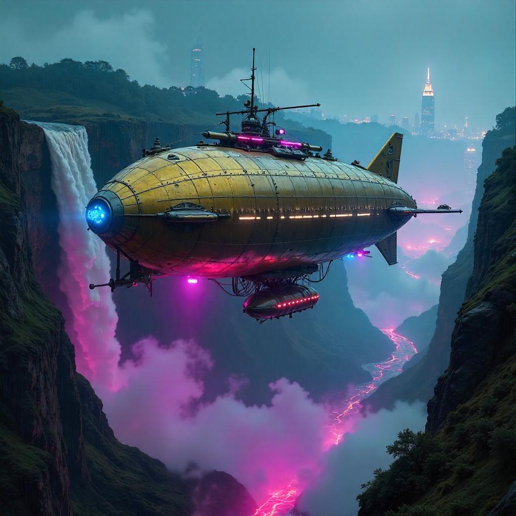 Neon Airship by the Waterfall