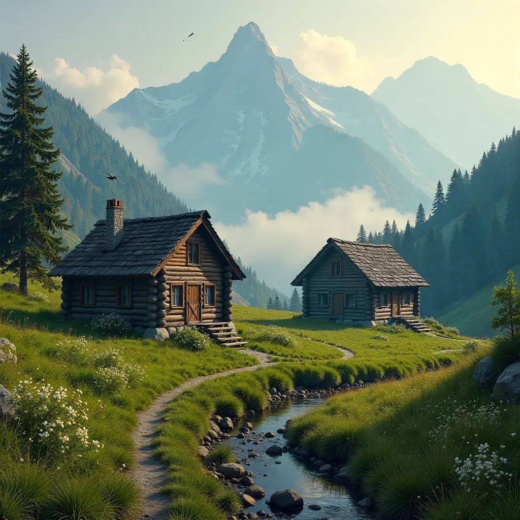 Two Rustic Cabins in Misty Alpine Meadow
