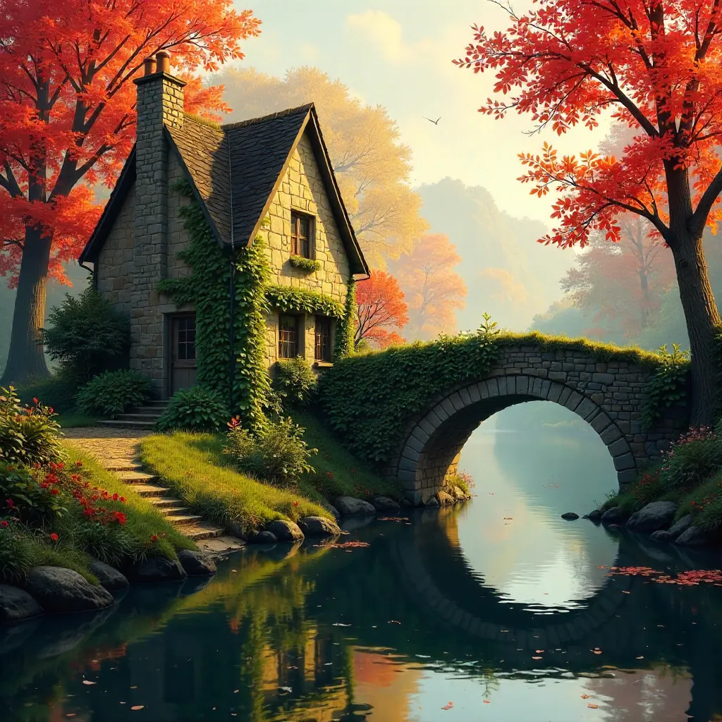 Autumn Ivy Cottage by Stone Bridge