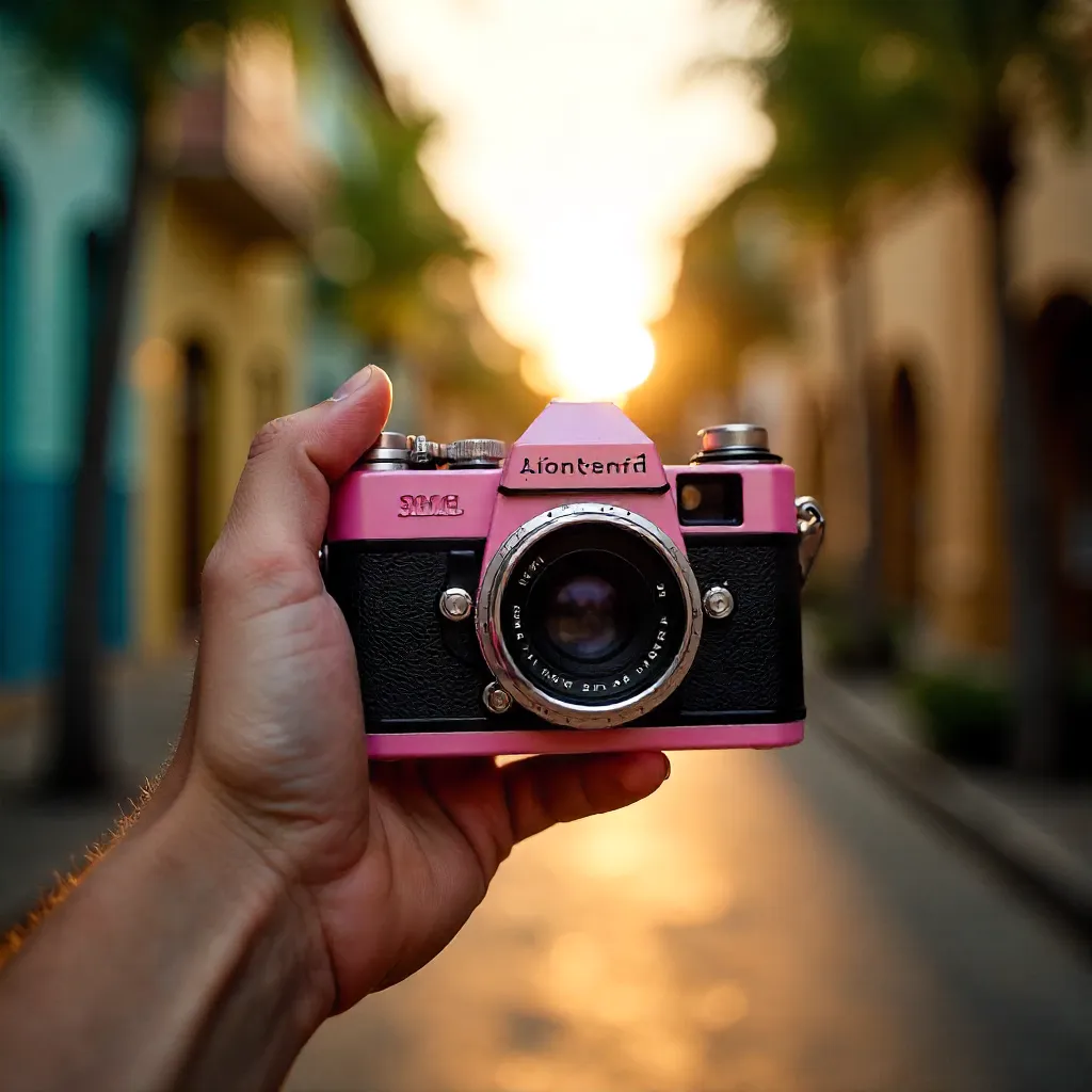 Hand with Pink Analog Camera in Belém