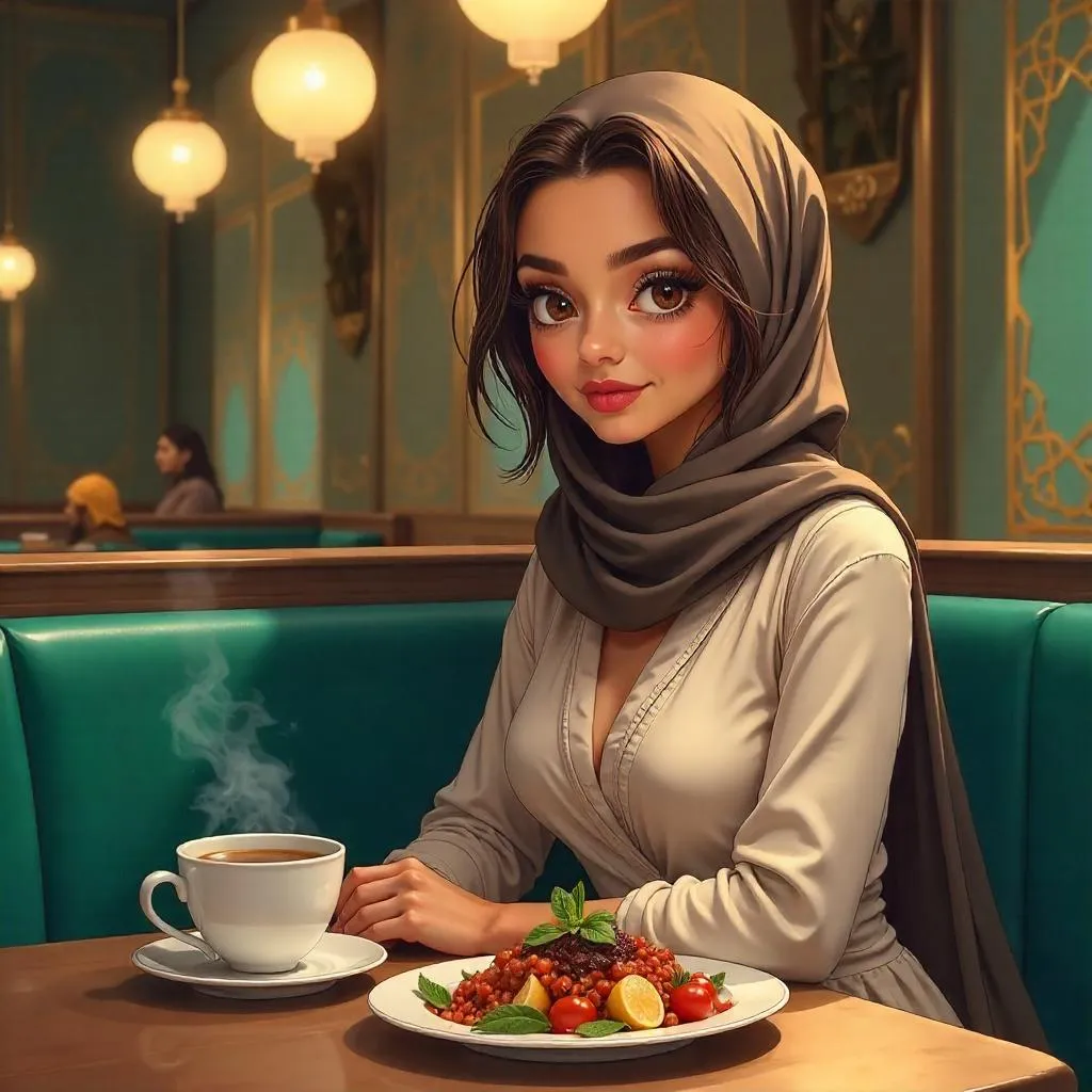 Elegant Middle Eastern Woman in an Anime Restaurant