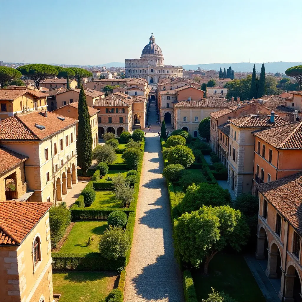 Aerial Rome: Ancient Architecture Amid Greenery in Sunlight